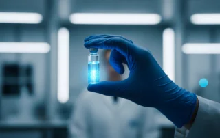 hand with blue glove holding glowing vial