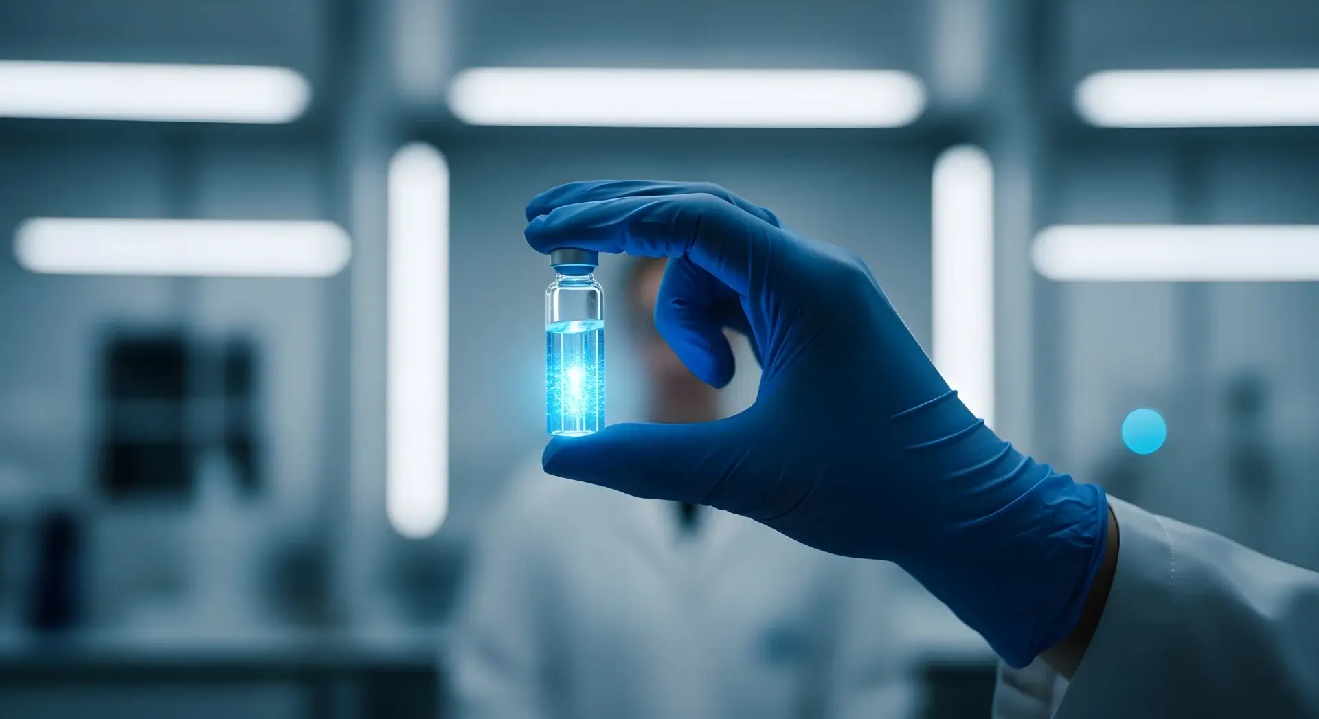 hand with blue glove holding glowing vial