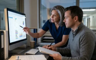 Two professionals review data on a large monitor displaying charts and graphs in an office.