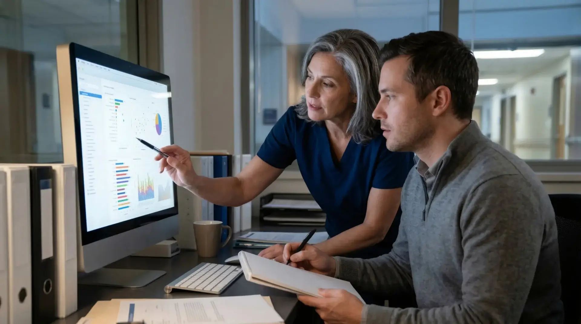 Two professionals review data on a large monitor displaying charts and graphs in an office.
