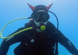 Scuba diver facing the camera underwater, wearing a black wetsuit and yellow regulator, with red cat-ear fins visible above.
