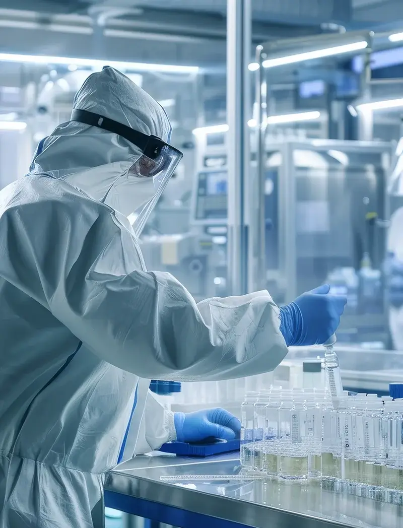 Scientist in full PPE (hood, goggles, gloves) handling vials at a sterile lab bench in a high-tech facility.