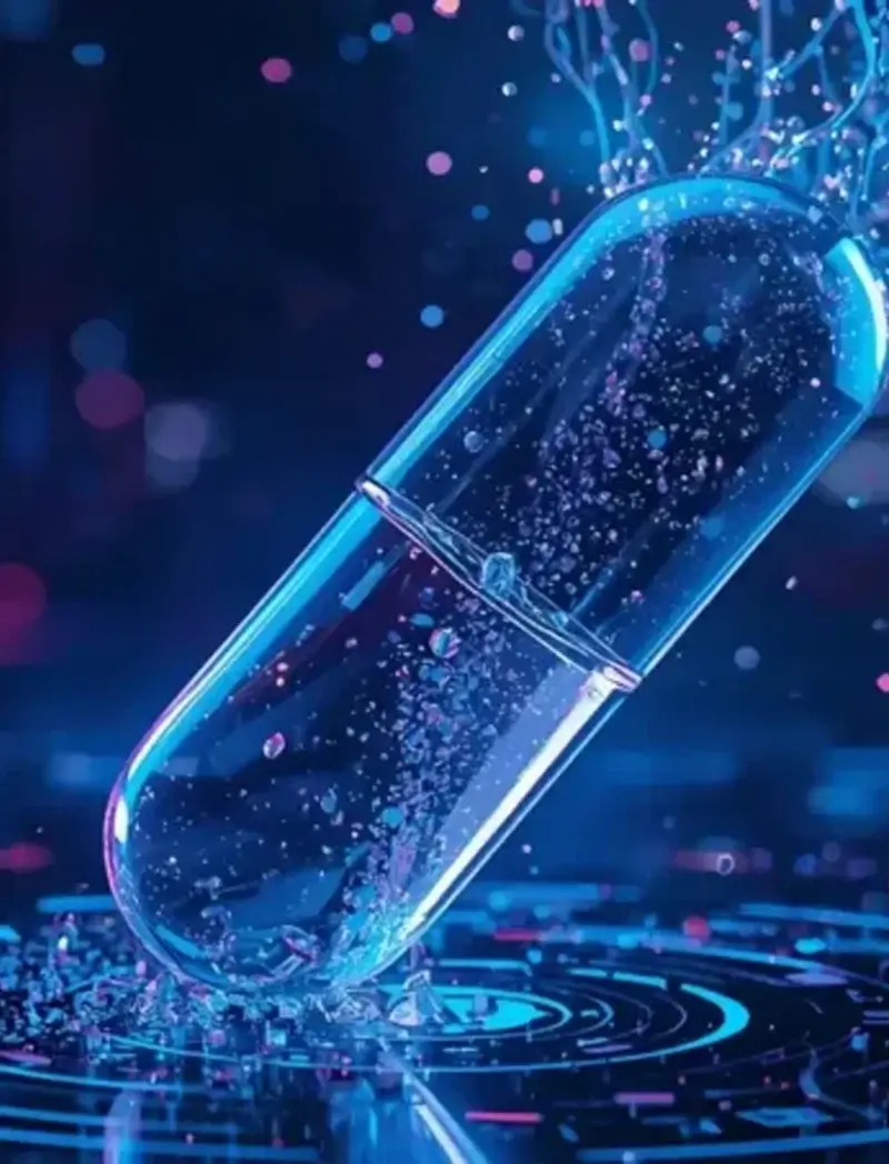Close-up of a glowing blue capsule with sparkling particles, set on a futuristic holographic surface.