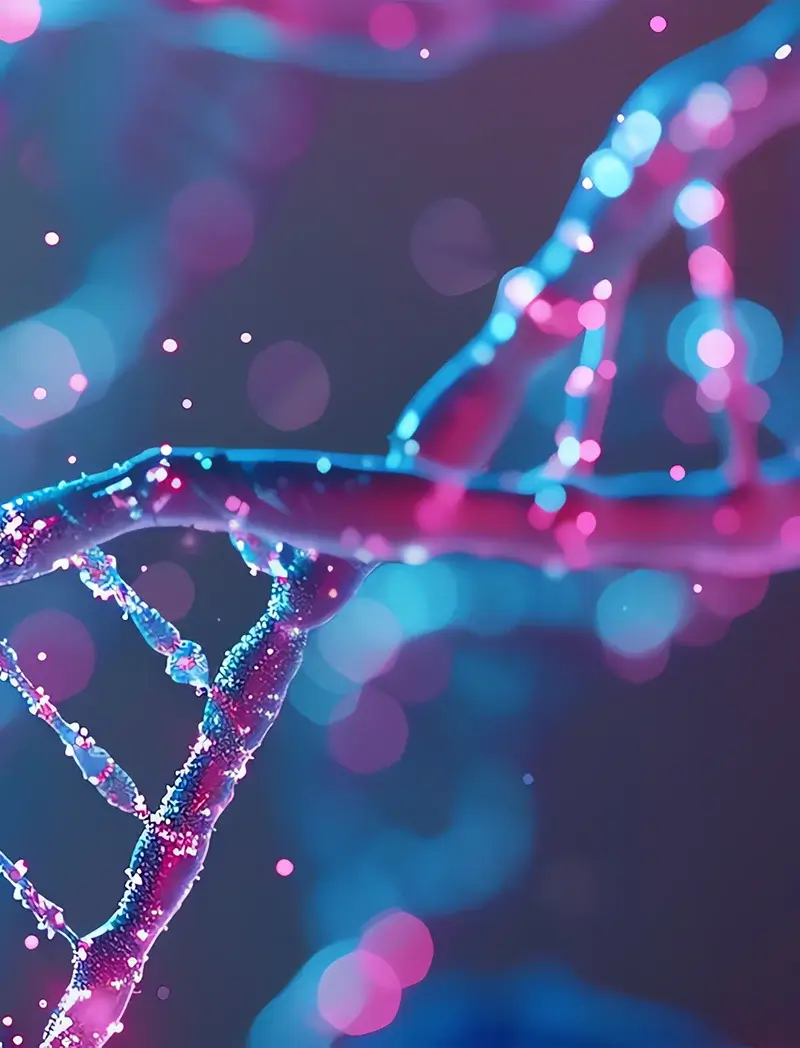 Neon blue and pink DNA double helix structure with glowing particles in a blurred background","Abstract close-up of a neon DNA strand with bokeh lights in purple and cyan","Colorful DNA-inspired helix with sparkling lights, blue and pink hues","Glowing DNA-like chain against a purple-blue, out-of-focus background","Macro image of a neon DNA helix for a science or tech article