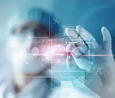 Scientist wearing a lab coat and gloves examines a holographic brain scan with digital data overlays.
