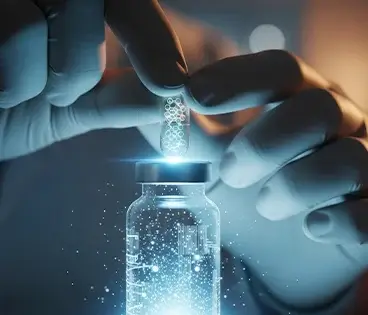 Close-up of gloved hands drawing liquid from a vaccine vial with a dropper, glowing particles rising from the vial.