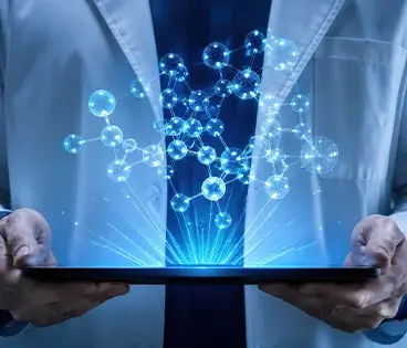 Person in a lab coat holds a tablet from which glowing interconnected molecular structures emerge.