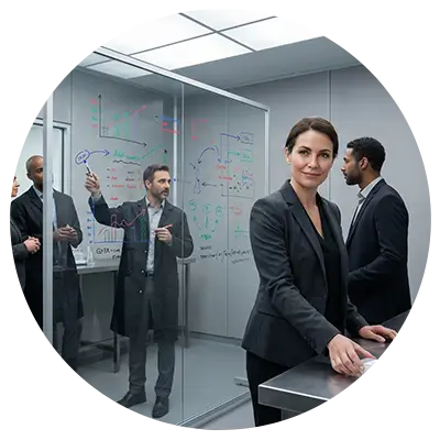 Professional team in a glass-walled meeting room; woman presenter at the podium while colleagues discuss diagrams on a whiteboard.
