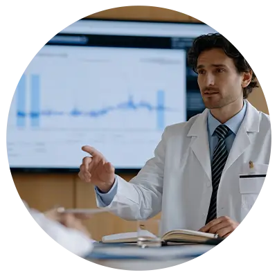 Male doctor in a white coat points to a chart on a screen during a meeting or presentation.