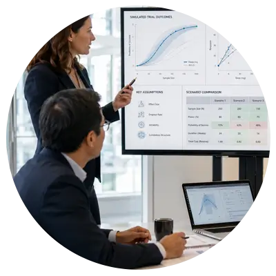 Two professionals presenting data on a large display, with a laptop and notes on the table in a meeting room.
