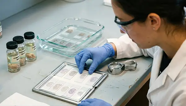 Lab technician wearing gloves and goggles places microscope slides into a metal tray in a lab setting.