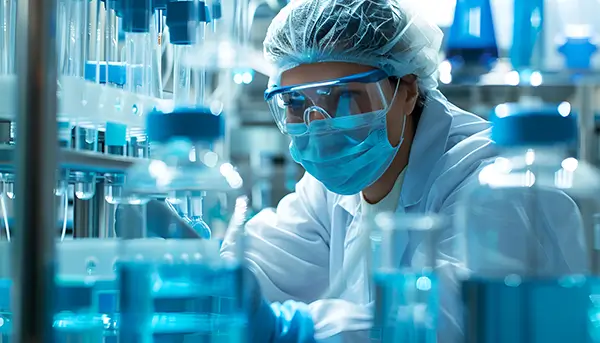 Lab technician in PPE (gloves, mask, goggles, cap) handling glassware in a blue-lit laboratory.