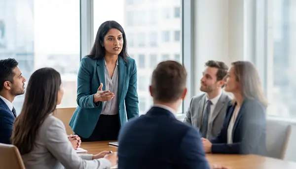 Female presenter in a teal blazer speaks to colleagues around a conference table in a bright, glass-walled office.