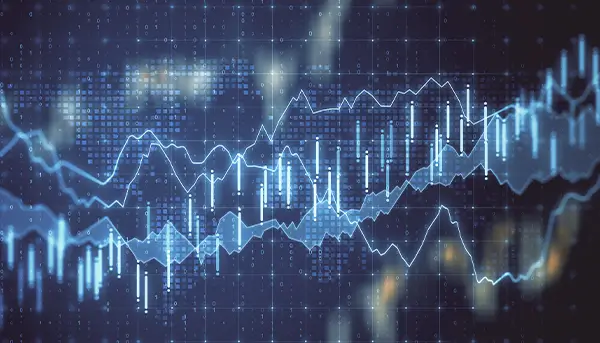Abstract stock market chart showing fluctuating blue lines and bar graphs on a dark grid background.